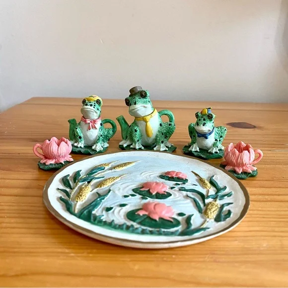 Vintage Miniature Frog Pond Tea Set 9 piece fairy garden doll - Picture 2 of 8